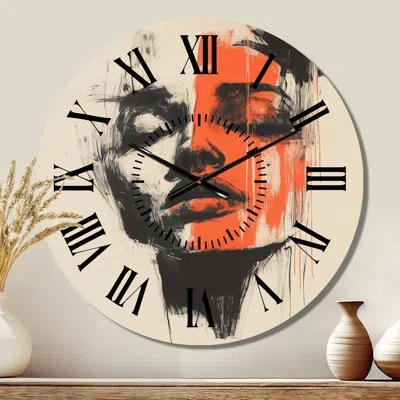 Design Art Face Of Raw Expression - Abstract Large Metal Wall Clock, Printed On Metal In Beige
