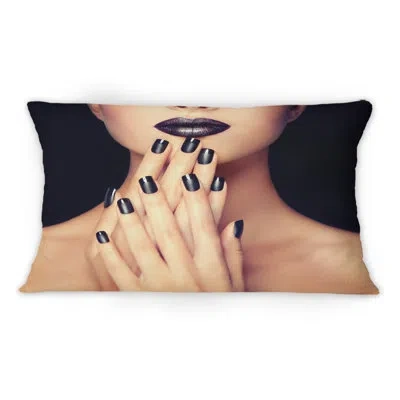 Design Art Face Of Woman With Black Makeup And Manicure Iv -1 Glam Printed Throw Pillow