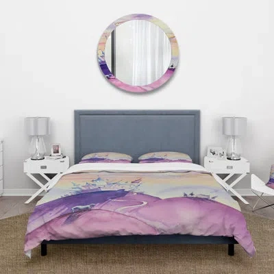 Design Art Fairy Tale Kingdom On Purple Mountain Top - Children Art Duvet Cover Set - Microfiber Polyester In Purple,gray;purple,gray