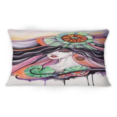 Design Art Fairy Tale Woman Face With Dark Hair And Flowers -1 Glam Printed Throw Pillow