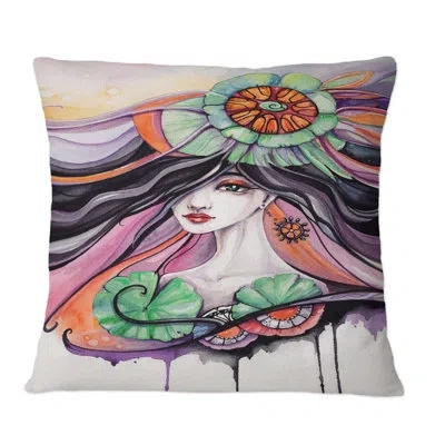 Design Art Fairy Tale Woman Face With Dark Hair And Flowers - Glam Printed Throw Pillow In Blue;black;brown;green;red;yellow