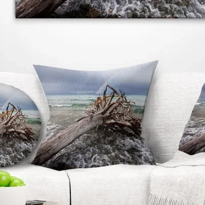 Design Art Fallen Tree In Storm At Seashore - Sea & Shore Printed Pillow In Blue;brown