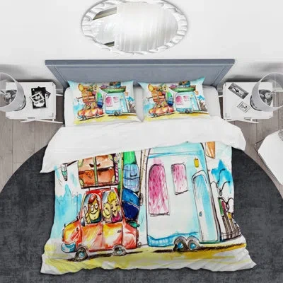 Design Art Family Travel With Caravans - Farmhouse Duvet Cover Set - Microfiber Polyester In Multicolor