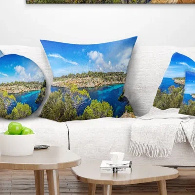 Design Art Famous Cove Of Cala Pi Mallorca - Sea & Shore Printed Pillow In Blue