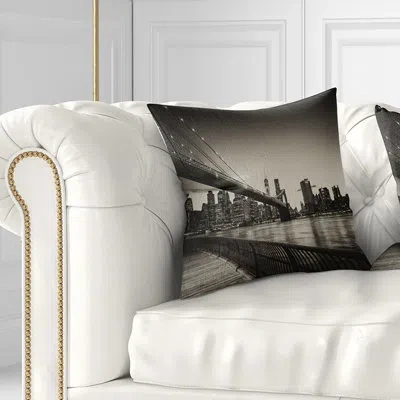 Design Art Famous Landmark Of Brooklyn Bridge Cityscape Pillow In Blue