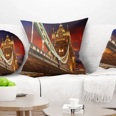 Design Art Famous Tower Bridge At Night - Cityscape Printed Pillow In Gold