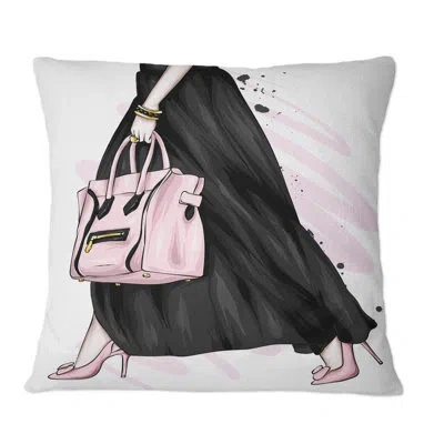 Design Art Fancy Pink Handbag On Black Stylish Dress - Modern Printed Throw Pillow In Black;pink