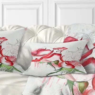 Design Art Fantastic Red Roses Watercolor - Floral Printed Throw Pillow