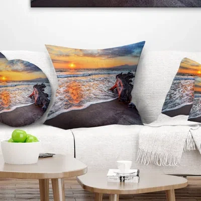 Design Art Fantastic Sandy Shore At Sunset - Sea & Shore Printed Pillow In Orange