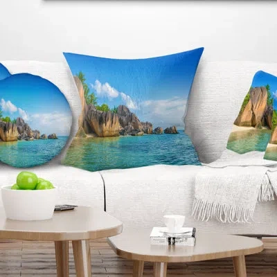 Design Art Fantastic Seychelles Seashore - Sea & Shore Printed Pillow In Blue;black;brown;green;red;yellow