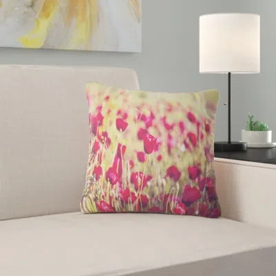 Design Art Fantastic View Of Wild Poppy Flowers - Floral Printed Pillow In Red