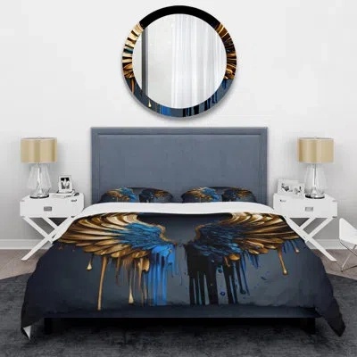Design Art Fantasy Bedding Set Of 4 - Blue And Gold Angel Wings Iii Comforter Bedding Set In Blue;gold
