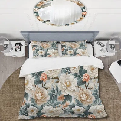 Design Art Farmhouse Blue And White Floral Gardens I Bedding In Blue;white;pink