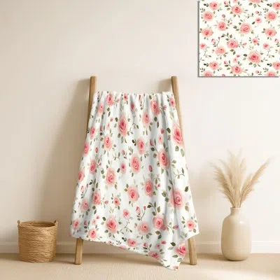 Design Art Farmhouse Dainty Roses I – Floral Plush Blanket, Classic Fleece Throw In Pink;green