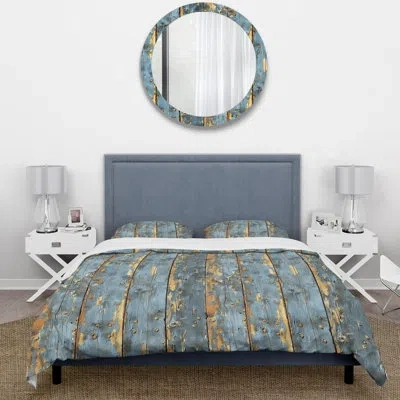 Design Art Farmhouse Duvet Cover Set In Blue,gold Barn Wood Ii
