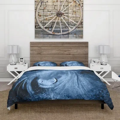 Design Art Farmhouse Horse Animals Duvet Cover Set - Microfiber Polyester In Blue