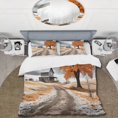 Design Art Farmhouse Orange And Grey Harmony - Farm Duvet Cover Set - Microfiber Polyester In Gray;yellow