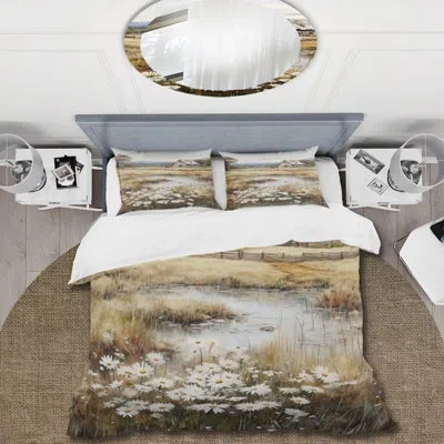 Design Art Farmhouse Quiet Retreat I - Farm Duvet Cover Set - Microfiber Polyester In White;beige