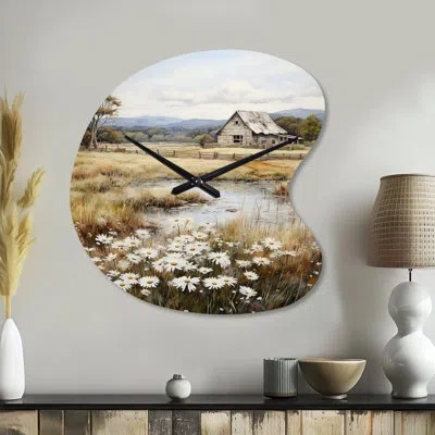 Design Art Farmhouse Quiet Retreat I - Farm Unique Shape Metal Wall Clock, Country Asymmetrical Wall Clock Prin In White;beige