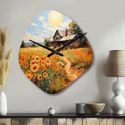 Design Art Farmhouse Sunlit Haven Pointillism Ii - Farm Asymmetrical Metal Clock, Yellow Unique Shape Metal Clo In Green;yellow