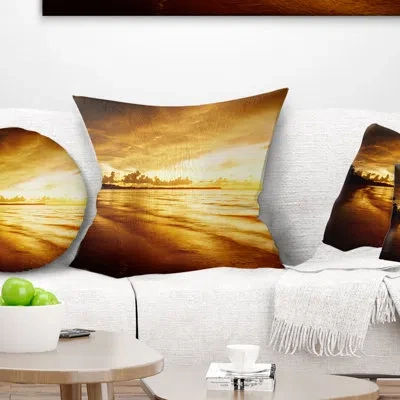 Design Art Fascinating Caribbean Beach In Yellow - Sea & Shore Printed Pillow In Red;orange