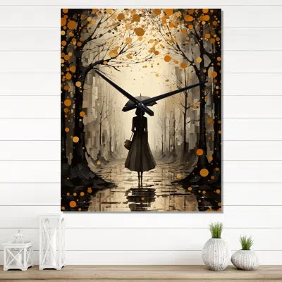 Design Art Fashion Woman With Umbrella I - Fashion Wall Clocks In Black;yellow