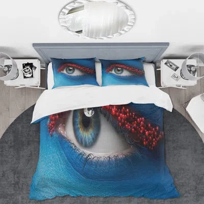 Design Art Female Eye With Blue Paint On Face & Red Balls - Modern Duvet Cover Set - Microfiber Polyester In Blue,red;blue,red