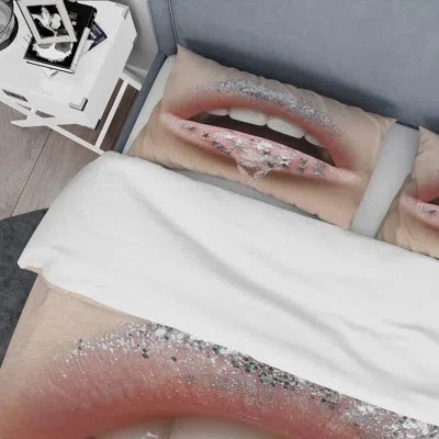 Design Art Female Lips With A Gel On The Lips & Stars - Modern Duvet Cover Set - Microfiber Polyester In Silver