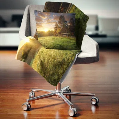 Design Art Fenced Ranch At Sunrise - Landscape Printed Pillow In Blue;black;brown;green;red;yellow