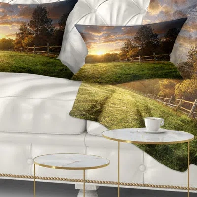 Design Art Fenced Ranch At Sunrise - Landscape Printed Throw Pillow