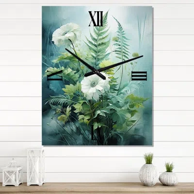 Design Art Ferns Romantic Impression Iv - Floral Modern Wall Clock In White;green