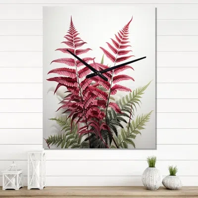 Design Art Ferns Ruby Essence I - Floral Wall Clock In Green;pink