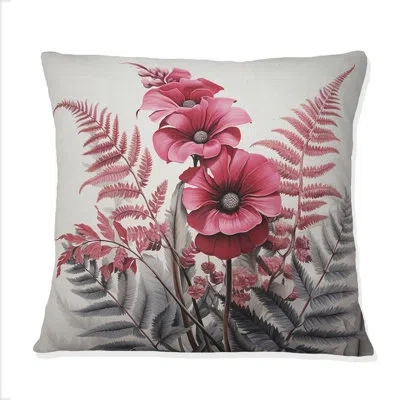 Design Art Ferns Ruby Essence Ii - Ferns Printed Throw Pillow In Gray;pink