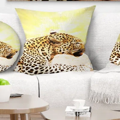 Design Art Ferocious Leopard At Sunrise - Animal Printed Pillow In Yellow