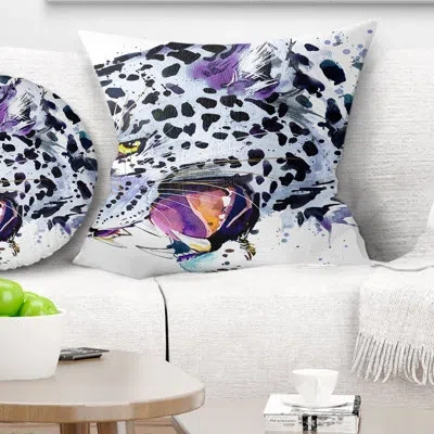 Design Art Ferocious Snow Leopard Face - Animal Printed Pillow In White