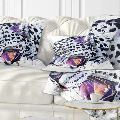 Design Art Ferocious Snow Leopard Face - Animal Printed Throw Pillow In White