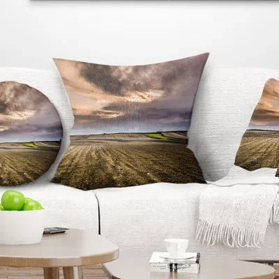 Design Art Field Waiting For Cultivation - Landscape Printed Pillow In Brown