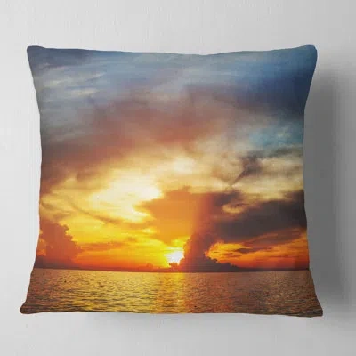 Design Art Fiery Sky At Sunset Over Sea - Sea & Shore Printed Throw Pillow In Blue;black;brown;green;red;yellow