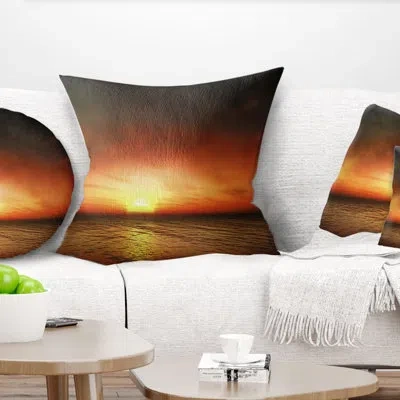 Design Art Fiery Sunset Beach Under Cloudy Sky - Sea & Shore Printed Throw Pillow In Red