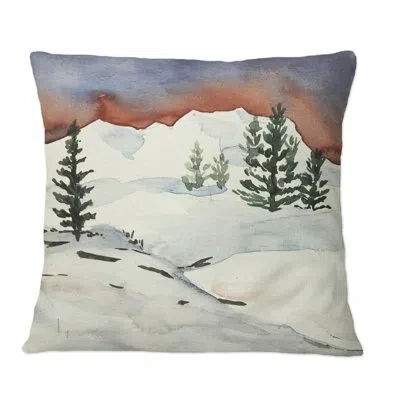 Design Art Fir Trees On Snowy Mountain - Traditional Printed Throw Pillow In White;green