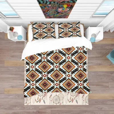 Design Art First Nations Pattern - Bohemian Abstract Duvet Cover Set - Microfiber Polyester In Black