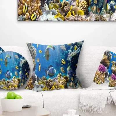 Design Art Fish In Coral Reef - Sea & Shore Printed Throw Pillow In Blue