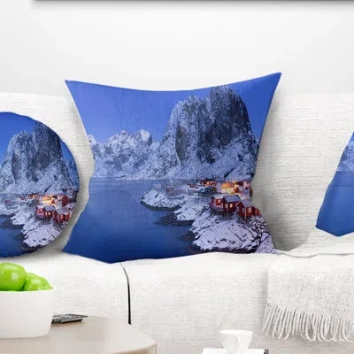 Design Art Fishermen Cabins In Winter - Sea & Shore Printed Pillow In Blue;black;brown;green;red;yellow