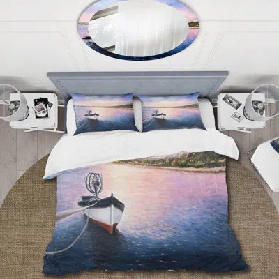 Design Art Fishing Boat By The Shore During Vibrant Sunset - Lake House Duvet Cover Set - Microfiber Polyester In Purple,blue