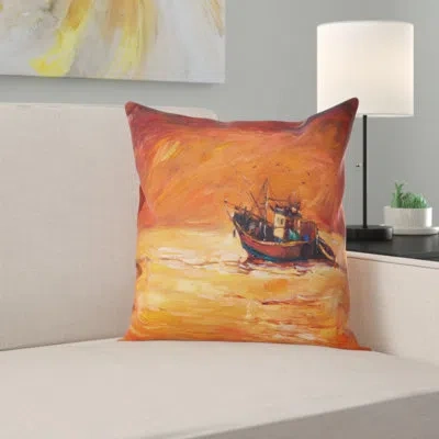 Design Art Fishing Boat In Red Hue - Sea & Shore Printed Pillow