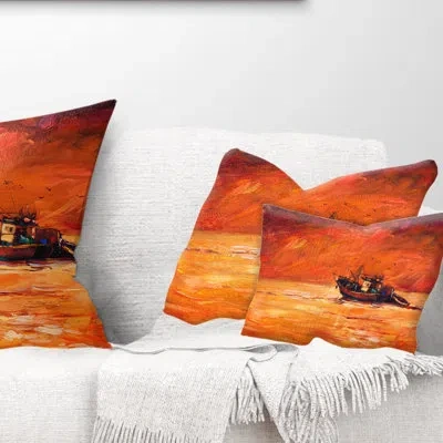 Design Art Fishing Boat In Red Hue - Sea & Shore Printed Throw Pillow