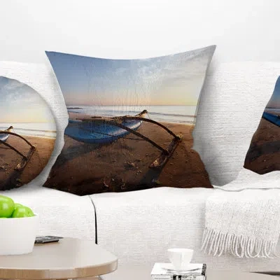 Design Art Fishing Boat In Sri Lanka Beach - Sea & Shore Printed Pillow In Blue