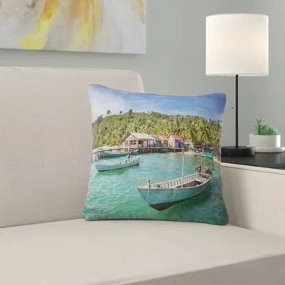 Design Art Fishing Boats In Kep Cambodia - Sea & Shore Printed Pillow In Green