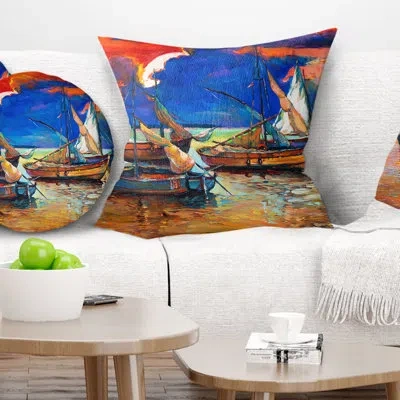 Design Art Fishing Boats Under Blue Sky - Sea & Shore Printed Pillow