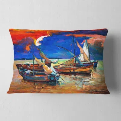 Design Art Fishing Boats Under Blue Sky - Sea & Shore Printed Throw Pillow